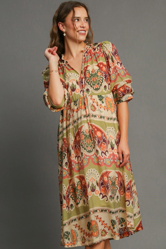 Umgee Border Print Midi Dress in Green Mix