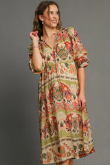 Umgee Border Print Midi Dress in Green Mix