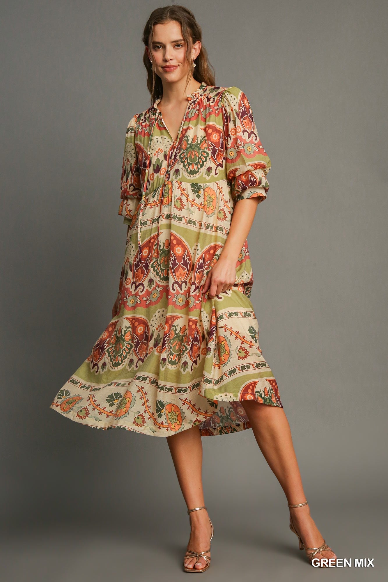 Umgee Border Print Midi Dress in Green Mix