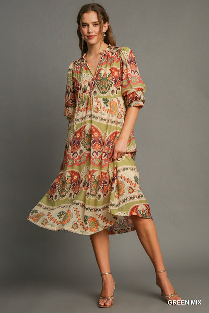 Umgee Border Print Midi Dress in Green Mix
