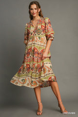 Umgee Border Print Midi Dress in Green Mix