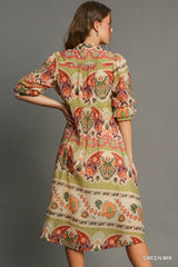 Umgee Border Print Midi Dress in Green Mix