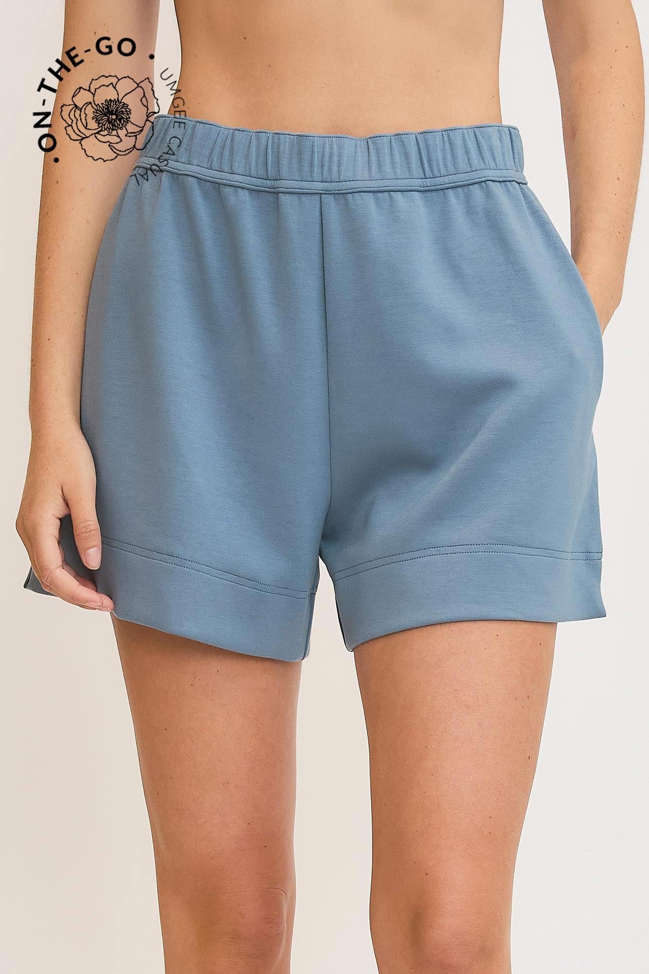 Umgee Luxeknit Mid Rise Pull On Shorts in Blue Grey