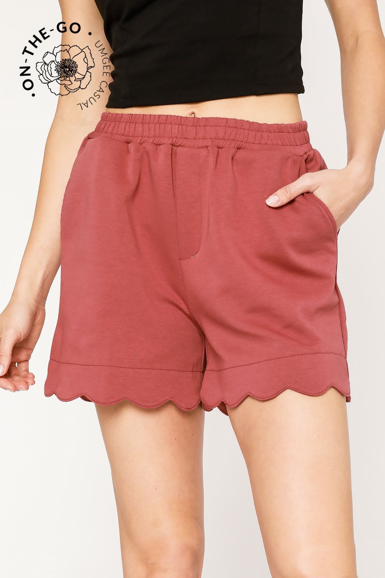 Umgee LuxeKnit Scalloped Shorts in Rosewood