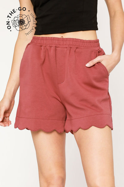 Umgee LuxeKnit Scalloped Shorts in Rosewood