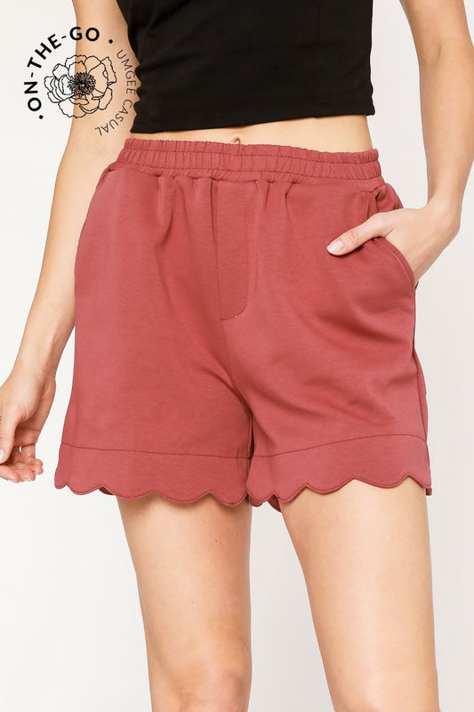 Umgee LuxeKnit Scalloped Shorts in Rosewood