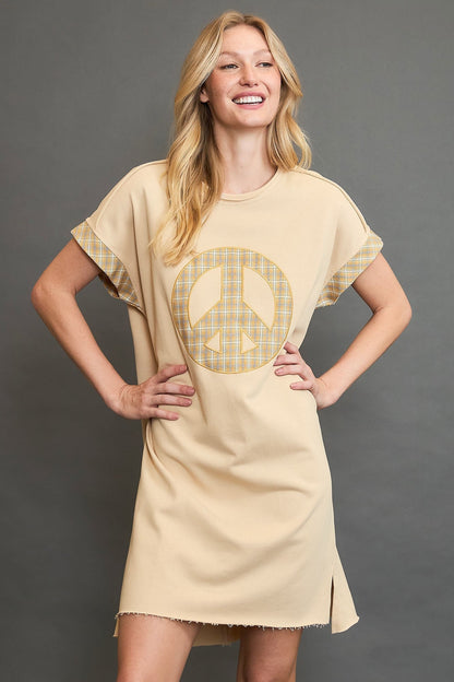 Umgee French Terry Peace Mini Dress in Natural