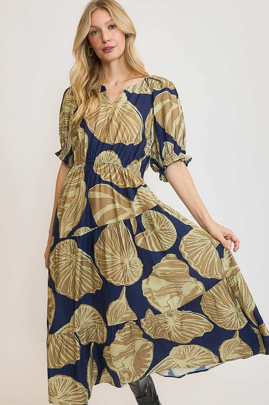 Umgee Floral Print Maxi Dress with Puff Sleeves in Navy/Olive