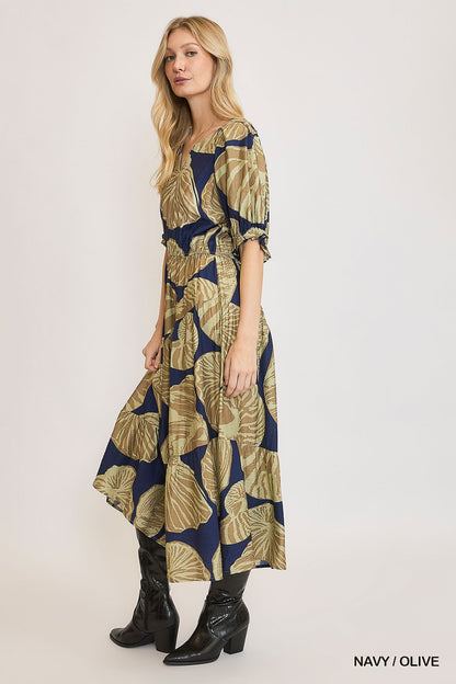 Umgee Floral Print Maxi Dress with Puff Sleeves in Navy/Olive
