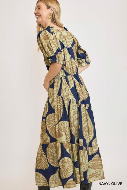 Umgee Floral Print Maxi Dress with Puff Sleeves in Navy/Olive