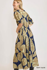 Umgee Floral Print Maxi Dress with Puff Sleeves in Navy/Olive