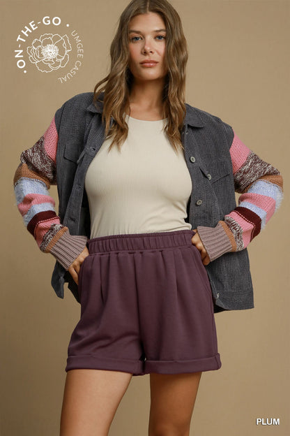 Umgee Luxeknit Shorts with Rolled Cuffs in Plum