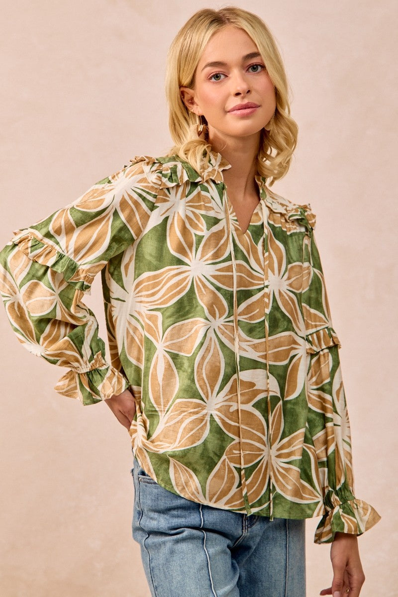 BiBi Bold Floral Print Top with Ruffle Details in Olive/Latte