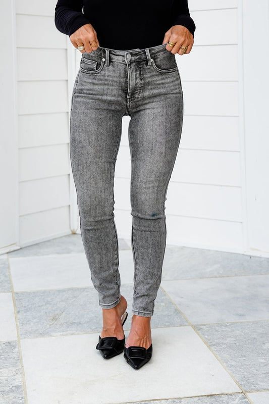 Judy Blue Smoke Show Mid Rise Grey Tummy Control Skinny Jeans with Shield Pockets