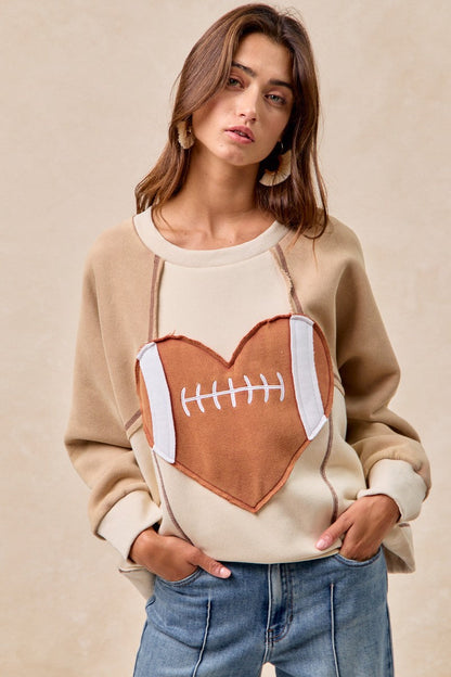 BiBi Color Block Fleece Top with Heart Football Patched Front in Oatmeal/Latte