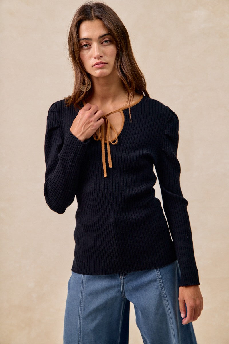 BiBi FITTED Ribbed Knit Top with Contrasting Color Neckline in Black/Camel