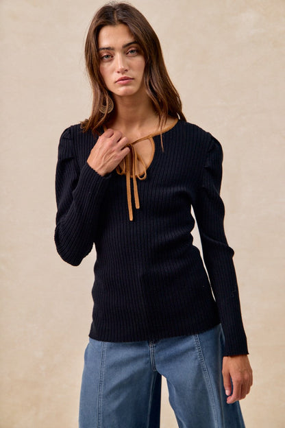 BiBi FITTED Ribbed Knit Top with Contrasting Color Neckline in Black/Camel