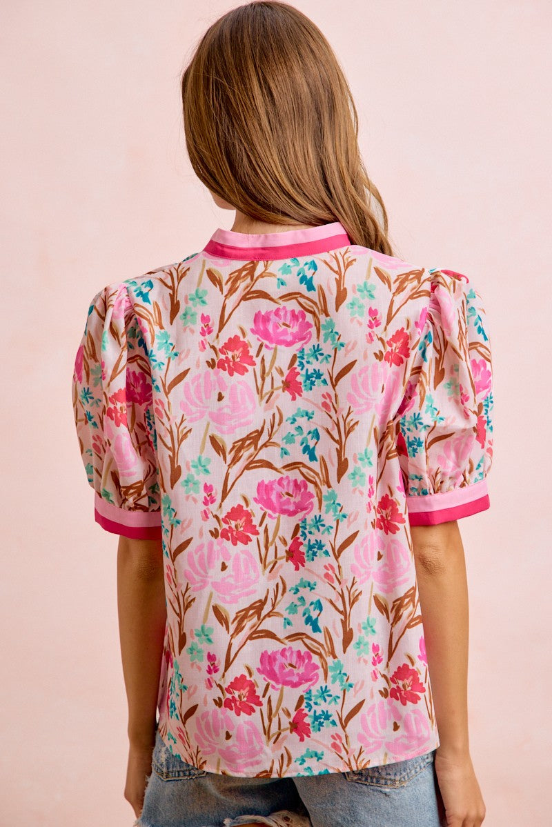 BiBi Woven Flower Print Top with Contrasting Trim in Pink