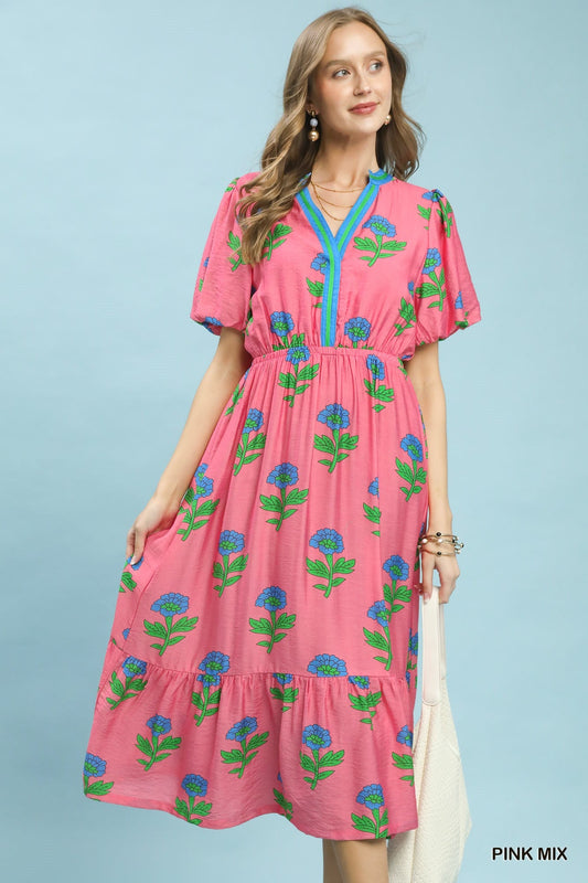 Umgee Floral Print V-Neck Midi Dress in Pink