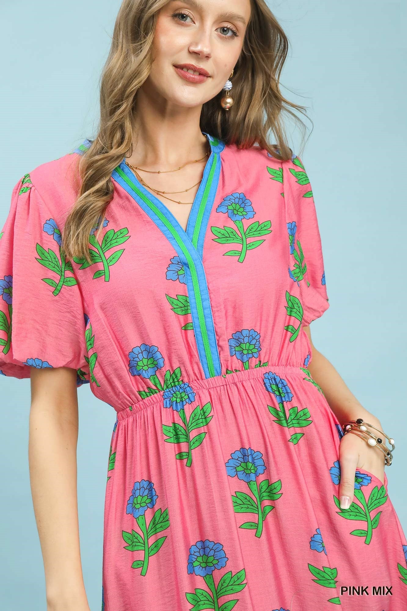 Umgee Floral Print V-Neck Midi Dress in Pink
