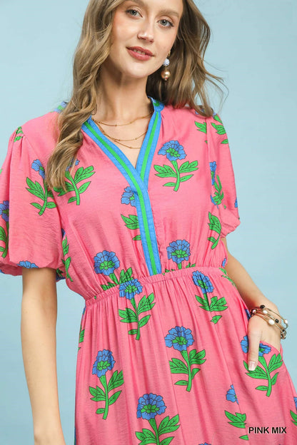 Umgee Floral Print V-Neck Midi Dress in Pink