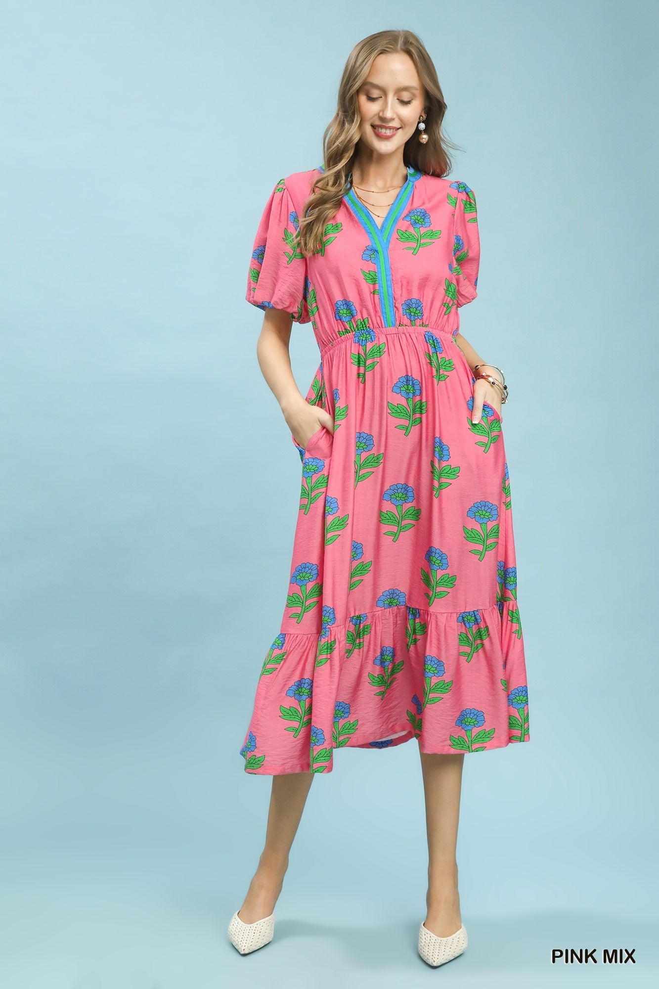 Umgee Floral Print V-Neck Midi Dress in Pink