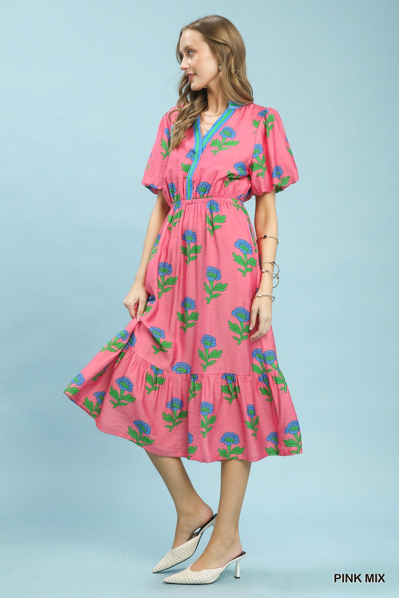 Umgee Floral Print V-Neck Midi Dress in Pink