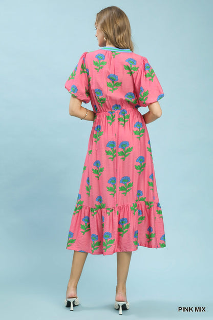 Umgee Floral Print V-Neck Midi Dress in Pink