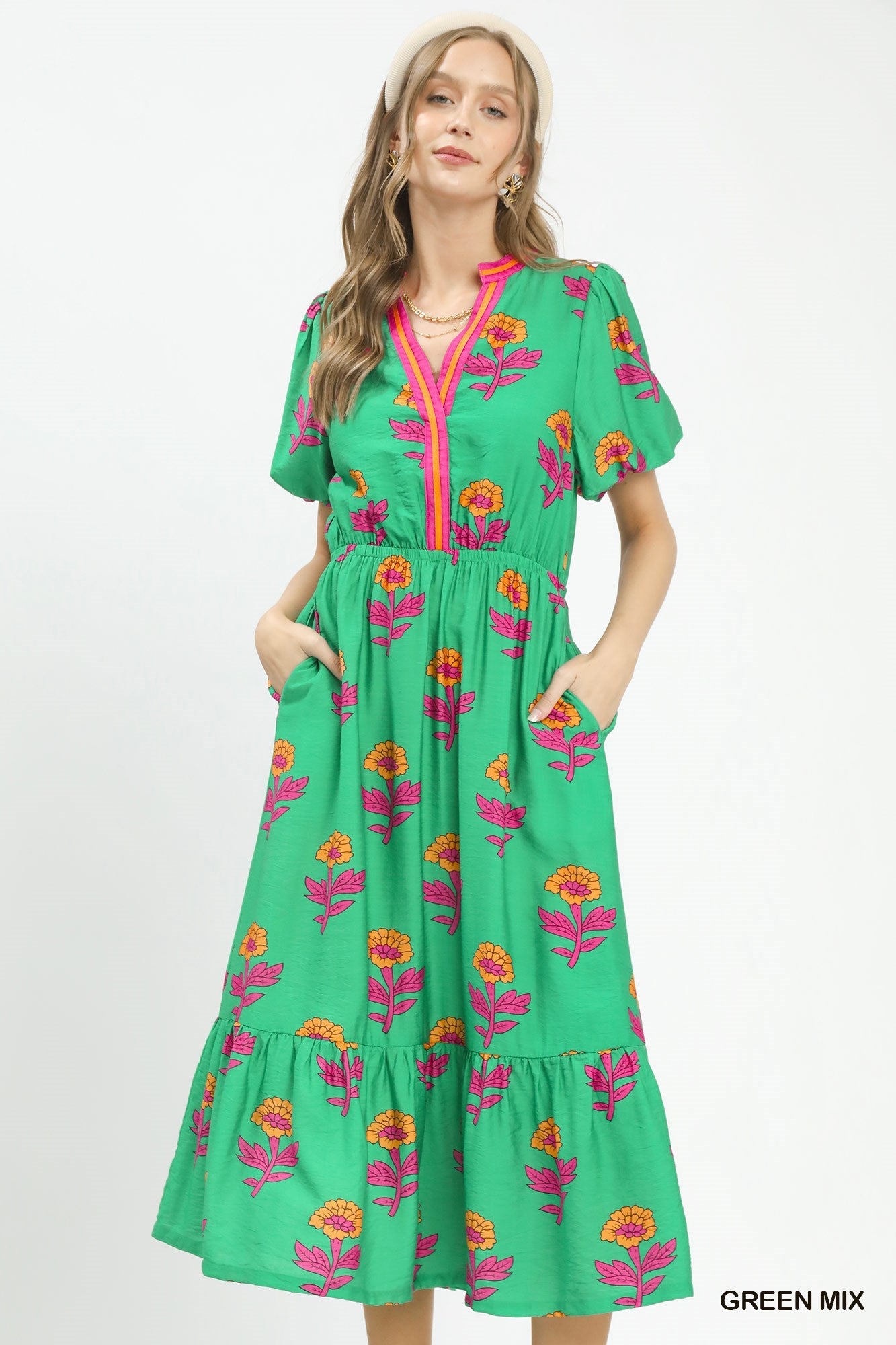 Umgee Floral Print V-Neck Midi Dress in Green