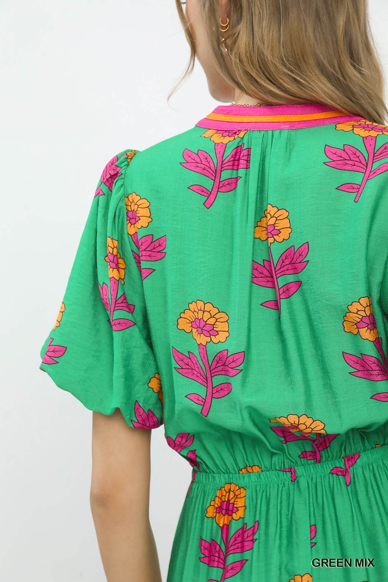 Umgee Floral Print V-Neck Midi Dress in Green