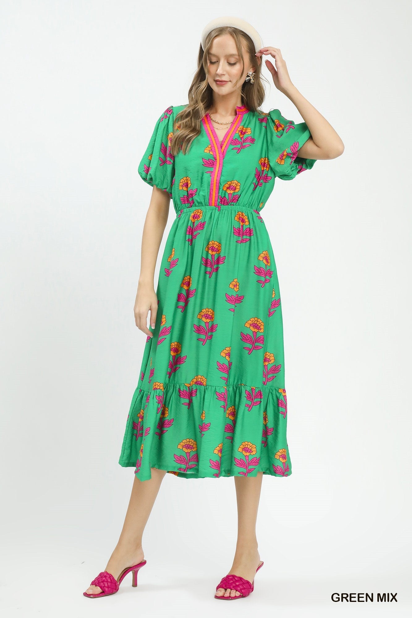 Umgee Floral Print V-Neck Midi Dress in Green