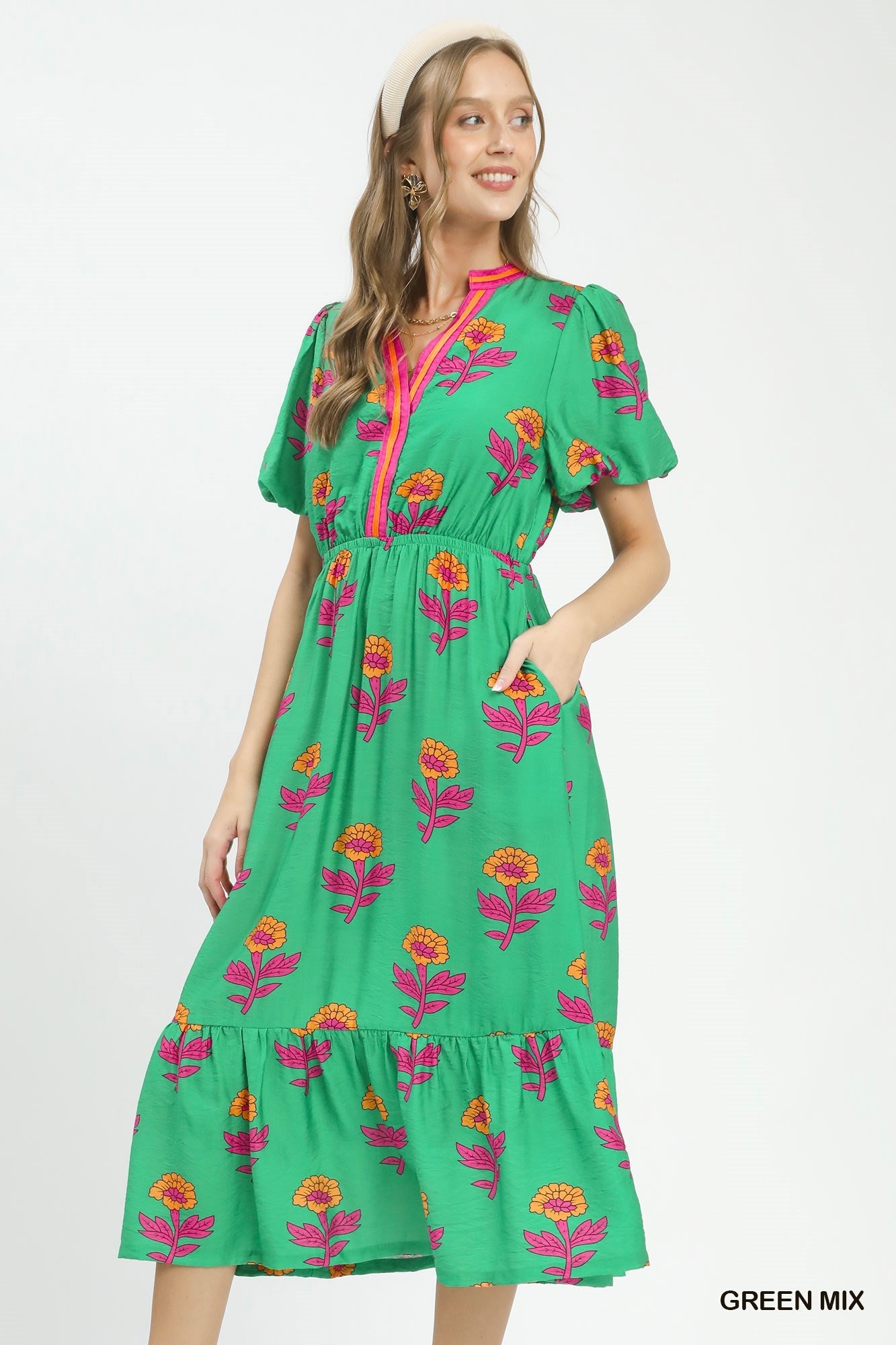 Umgee Floral Print V-Neck Midi Dress in Green