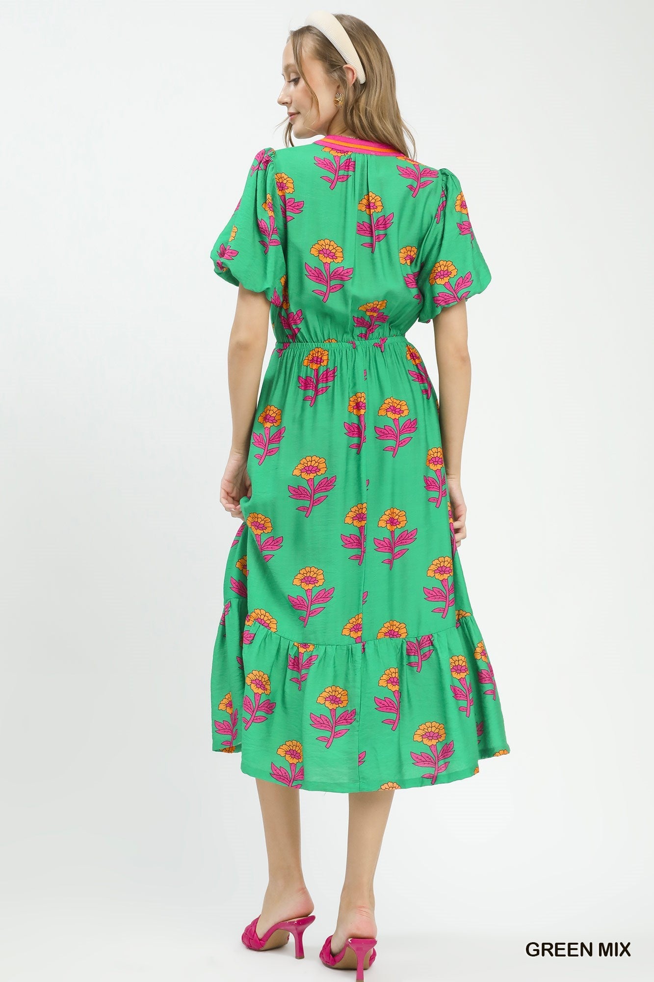 Umgee Floral Print V-Neck Midi Dress in Green