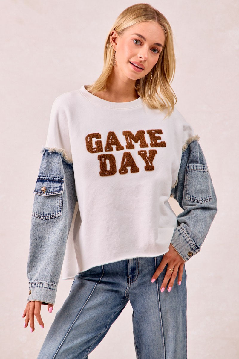 BiBi Sweatshirt with Denim Sleeves and GAMEDAY Letter Patches in Ivory