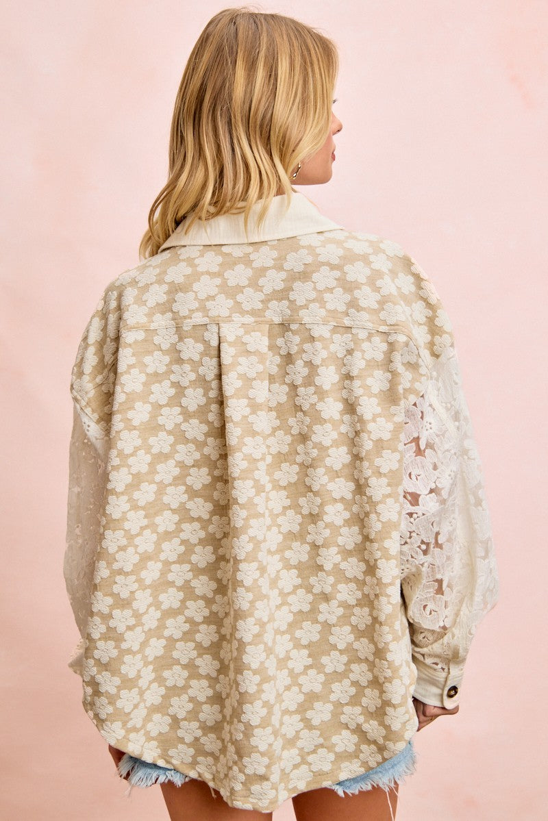 BiBi Floral Lace Sleeve Oversized Shacket in Oatmeal