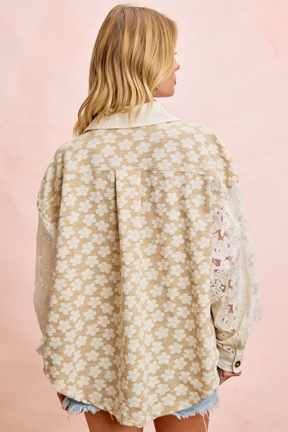 BiBi Floral Lace Sleeve Oversized Shacket in Oatmeal