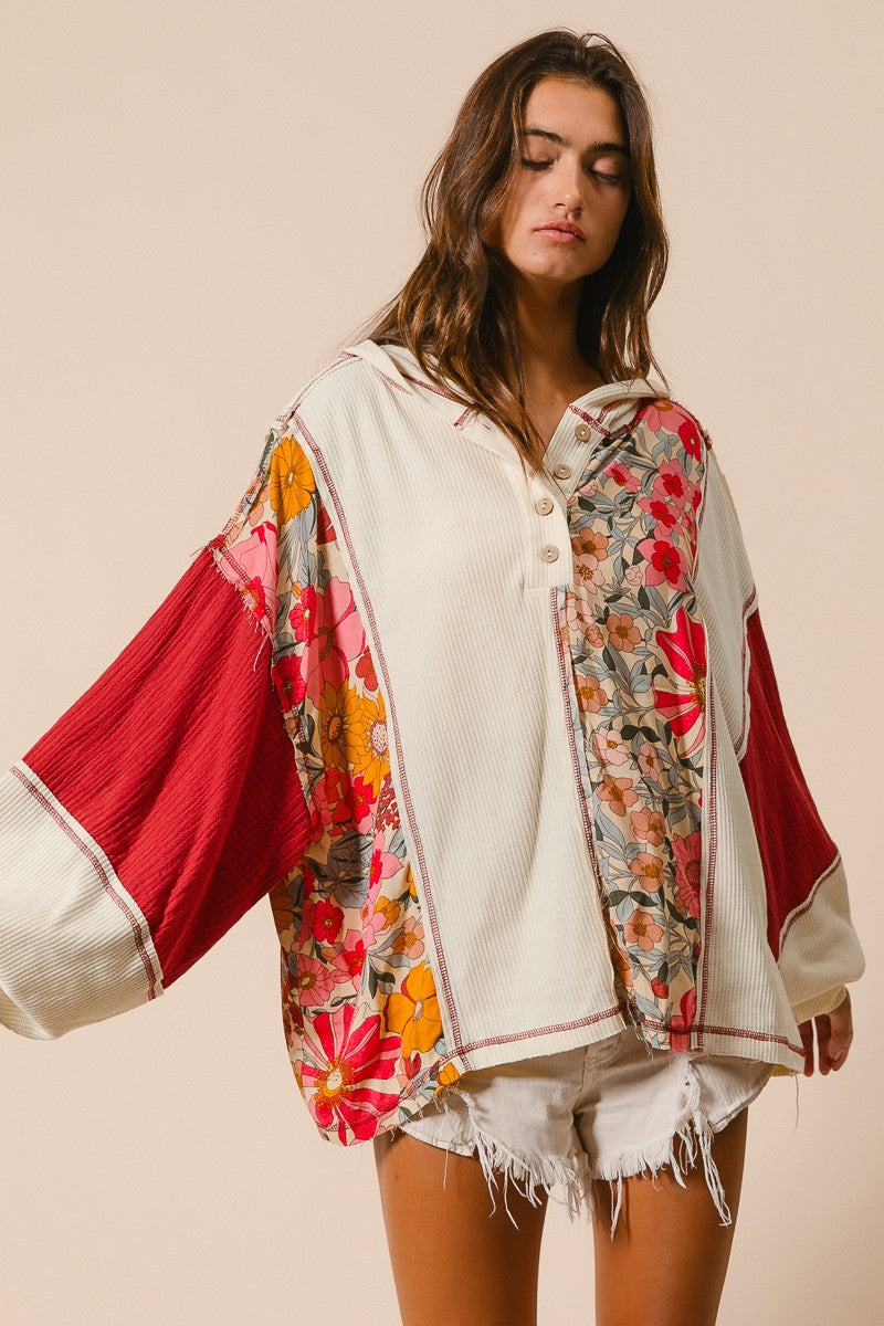 BiBi Mixed Floral and Solid Knit Hooded Top in Oatmeal/Rust