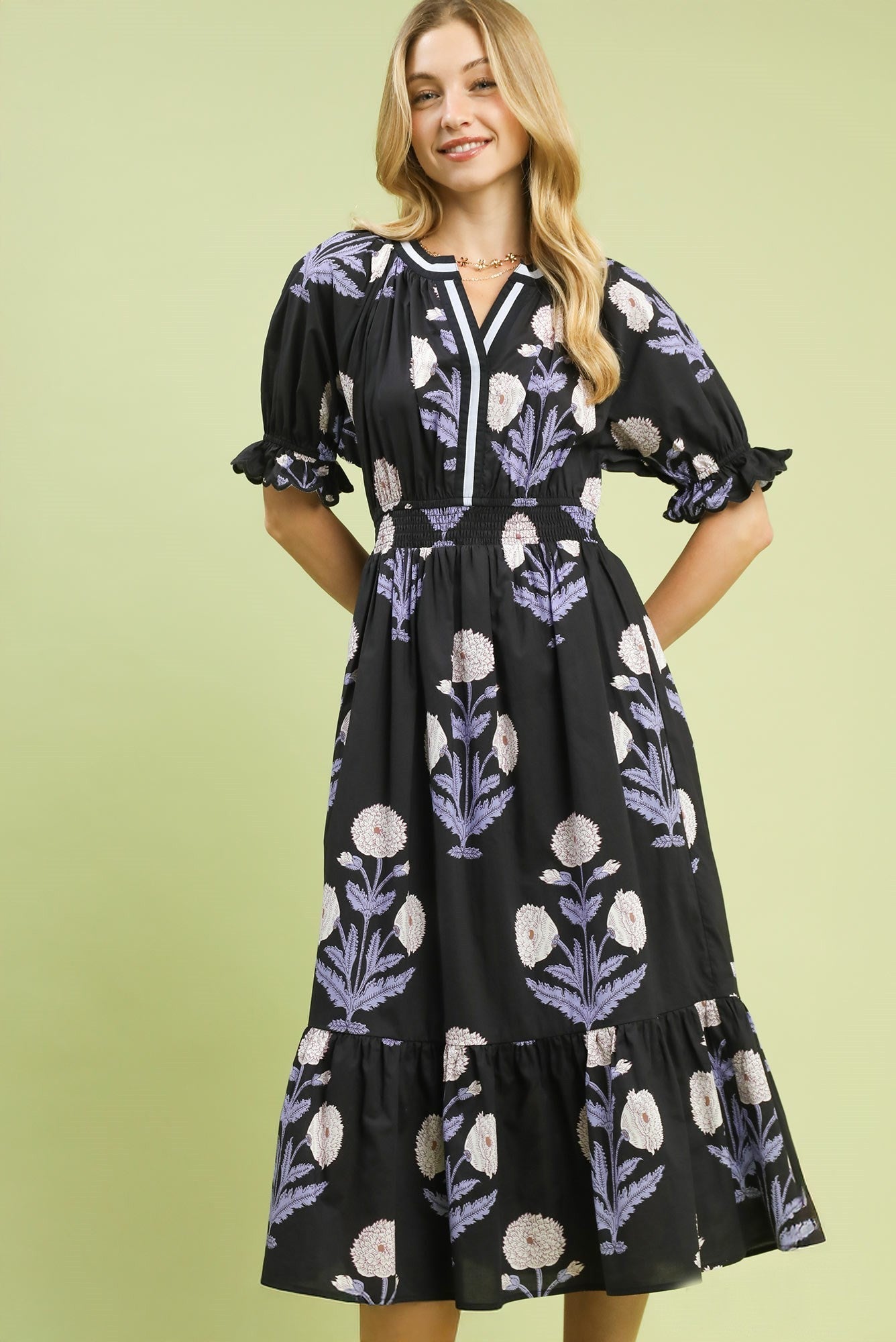 Umgee Bold Floral Print Midi Dress in Black/Blue