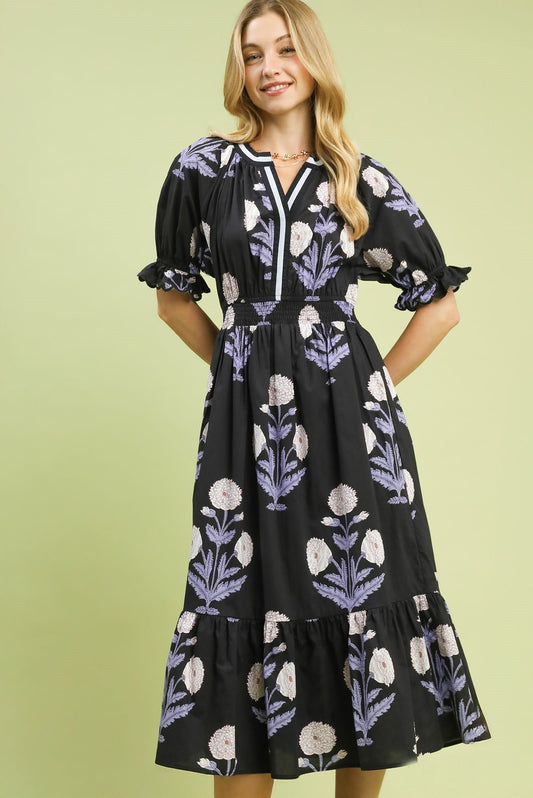 Umgee Bold Floral Print Midi Dress in Black/Blue