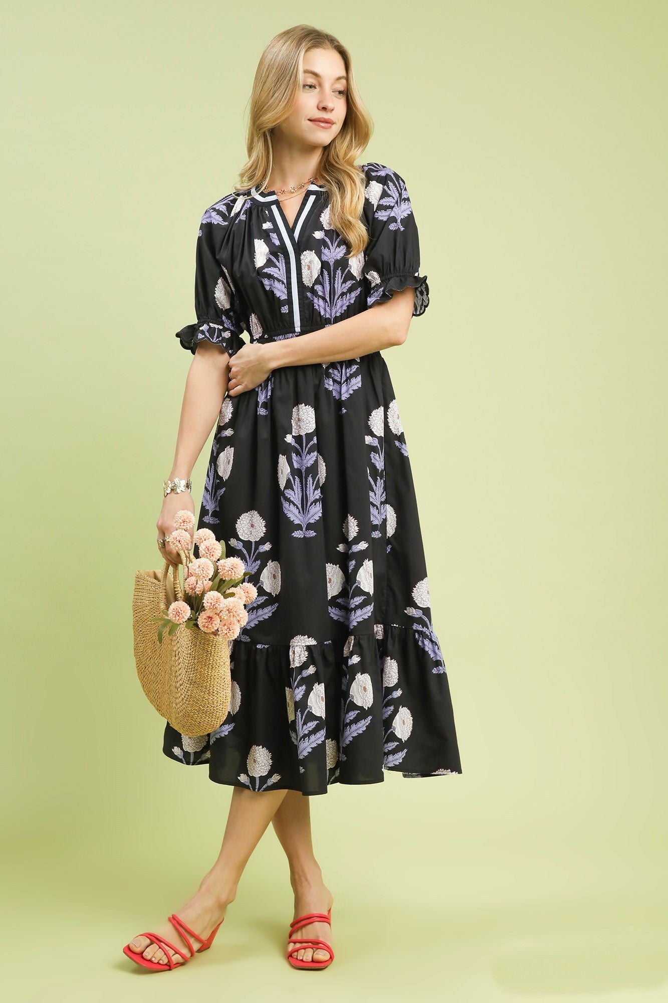 Umgee Bold Floral Print Midi Dress in Black/Blue