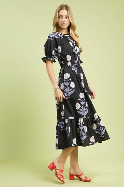 Umgee Bold Floral Print Midi Dress in Black/Blue