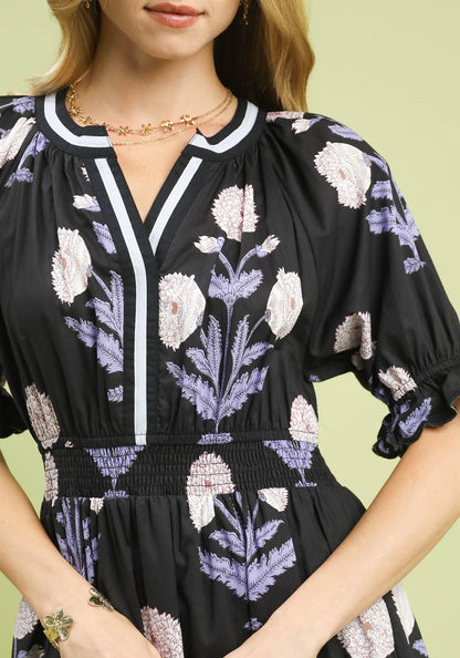 Umgee Bold Floral Print Midi Dress in Black/Blue