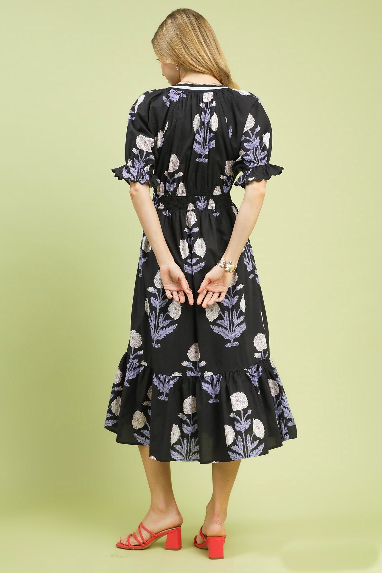 Umgee Bold Floral Print Midi Dress in Black/Blue