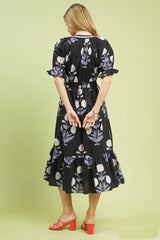 Umgee Bold Floral Print Midi Dress in Black/Blue