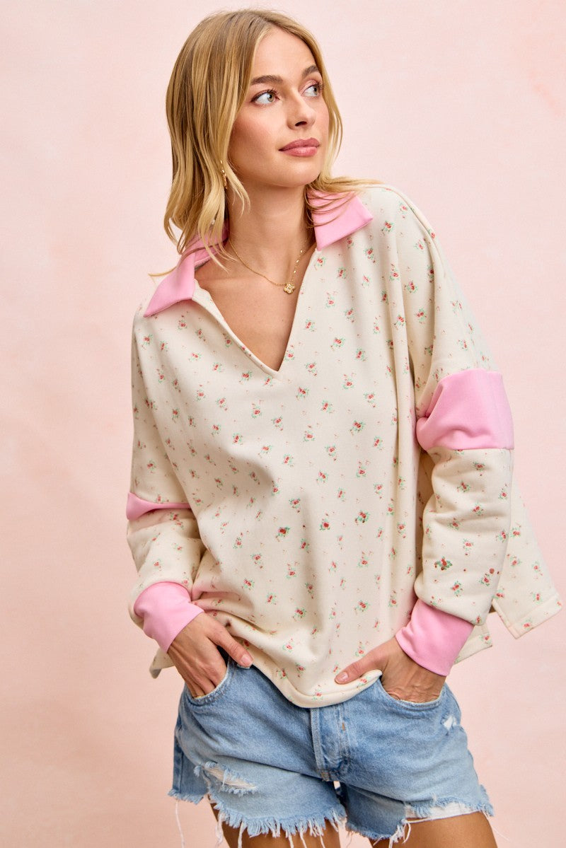 BiBi Floral Print French Terry V Neck Collared Top in Ivory/Pink