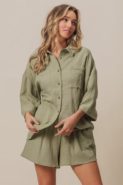 BiBi Crinkle Gauze Shirt And Short Set in Sage