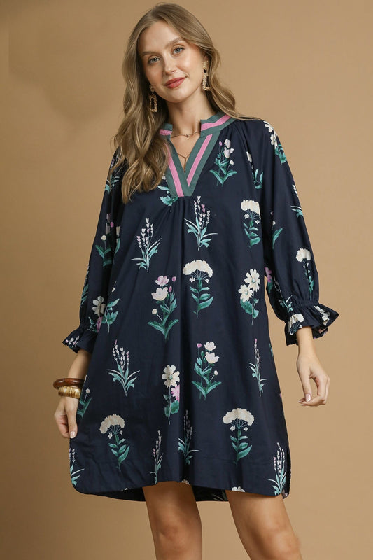 Umgee Exclusive Floral Print Mini Dress with Contrasting Stripe Trim in Midnight Mix