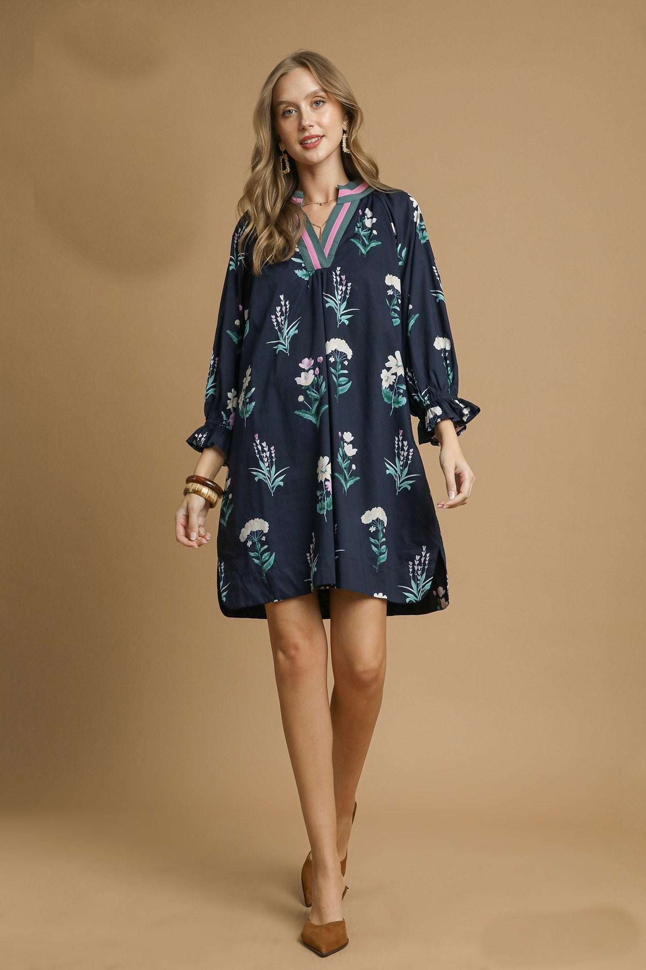 Umgee Exclusive Floral Print Mini Dress with Contrasting Stripe Trim in Midnight Mix