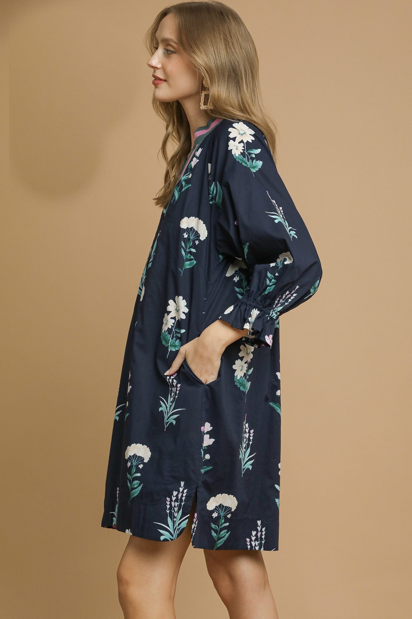 Umgee Exclusive Floral Print Mini Dress with Contrasting Stripe Trim in Midnight Mix
