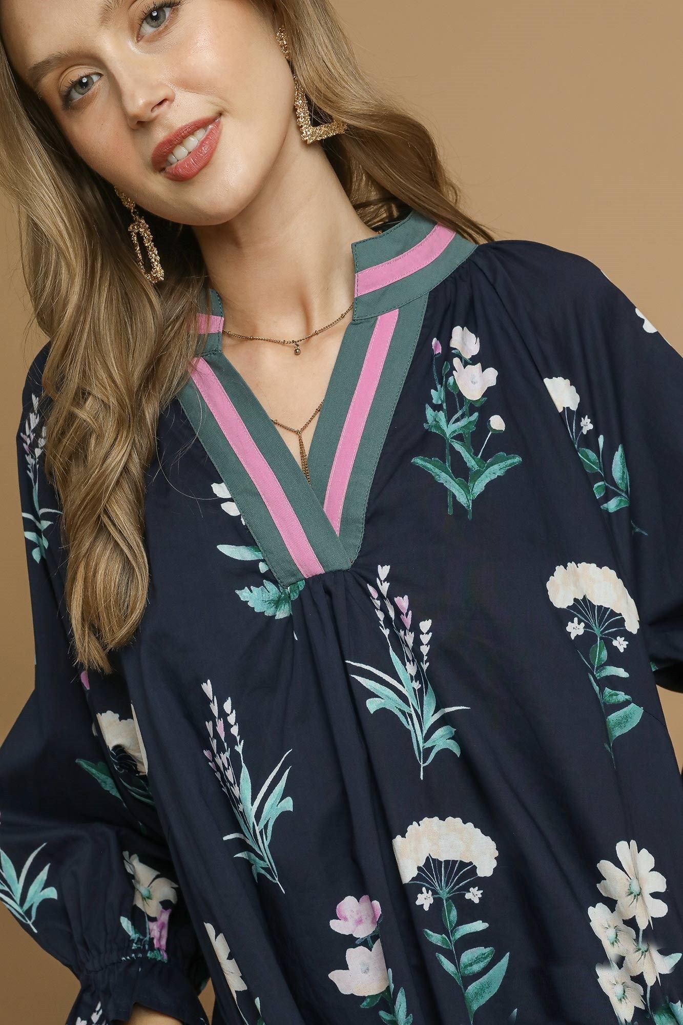 Umgee Exclusive Floral Print Mini Dress with Contrasting Stripe Trim in Midnight Mix